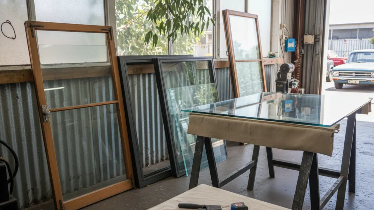 Custom window glass replacement cut to size installed in a New Farm Brisbane home, showing obscured bathroom glass fitted neatly into an older window frame