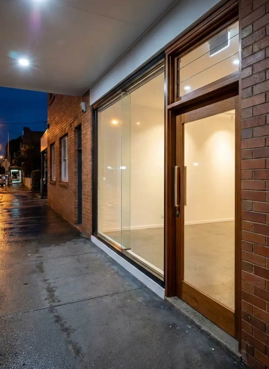 Brisbane shopfront with replaced glass panel secured after hours