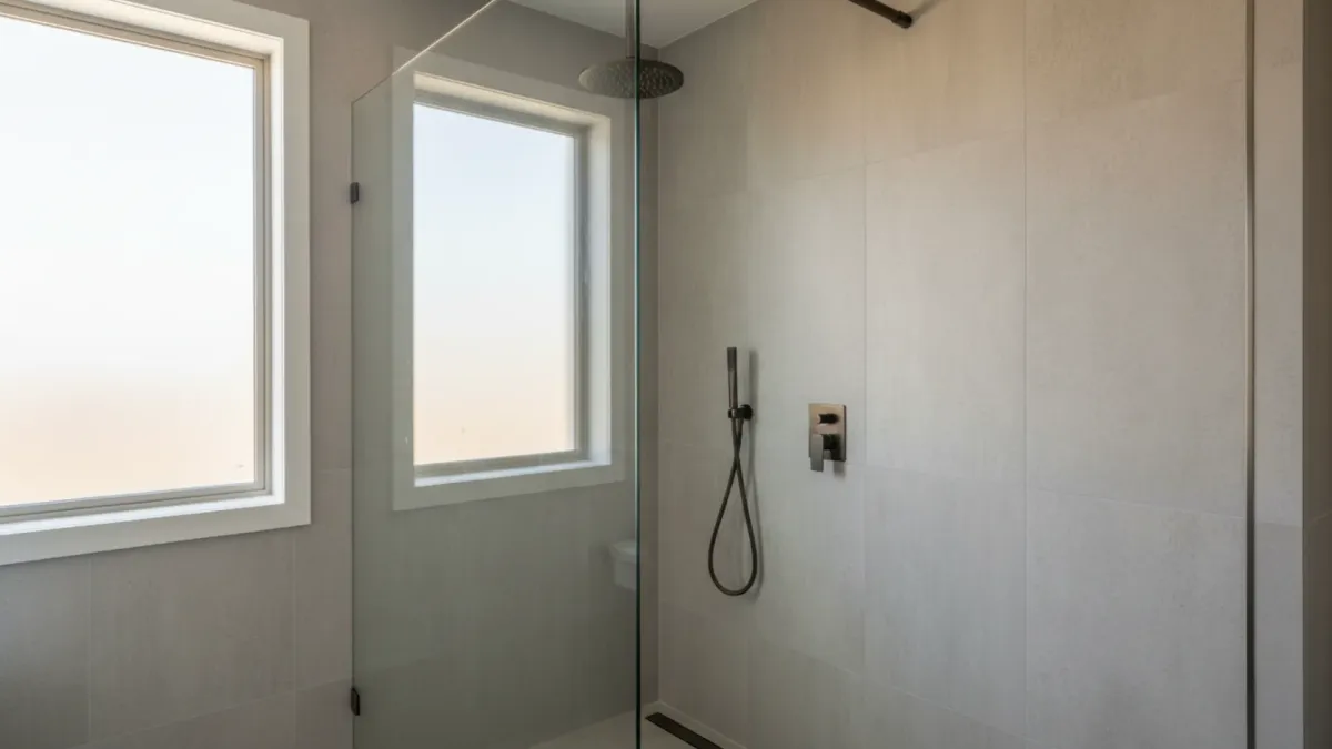 custom cut frameless shower screen glass panel installed with polished edges in New Farm bathroom