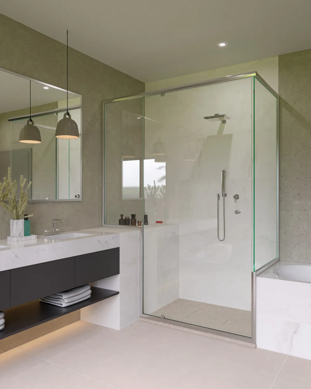 semi frameless telescopic shower screen installed on tiled bathroom floor