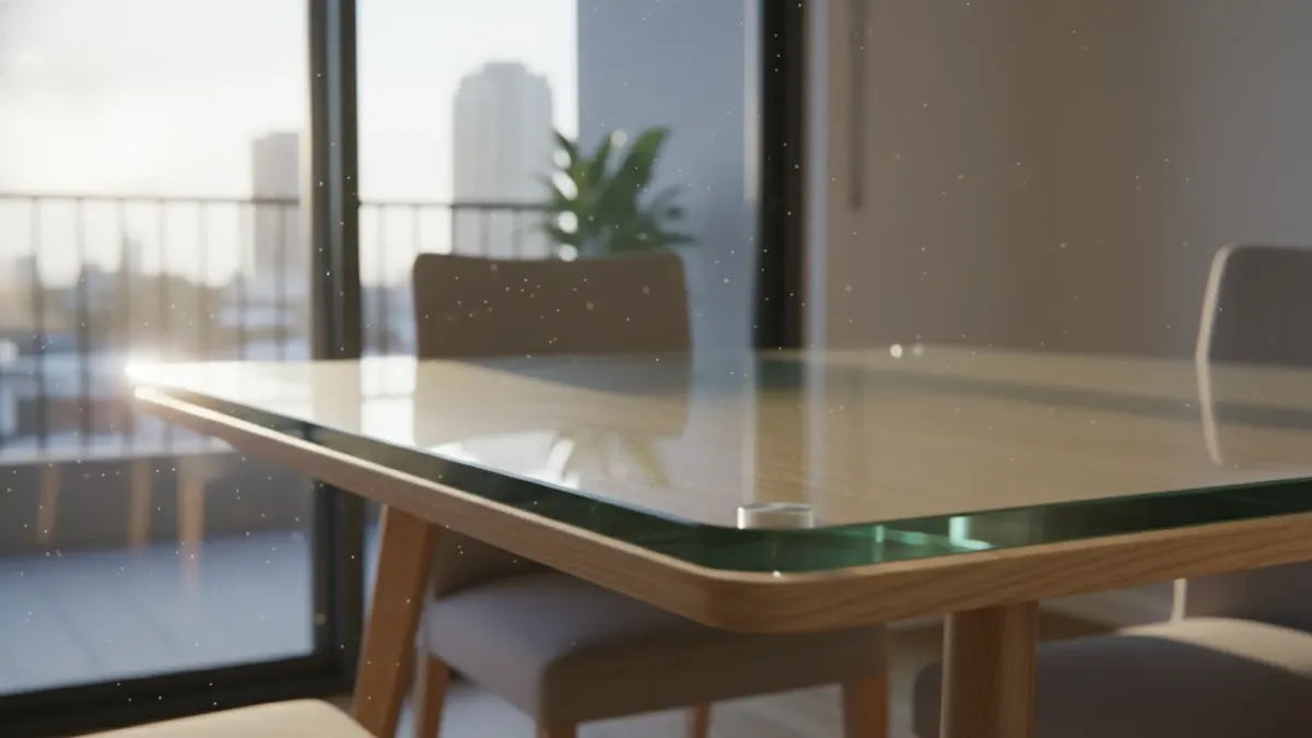 Glass tabletop protector cut to size placed on a timber dining table in a New Farm Brisbane home, showing polished edges and a clean fit