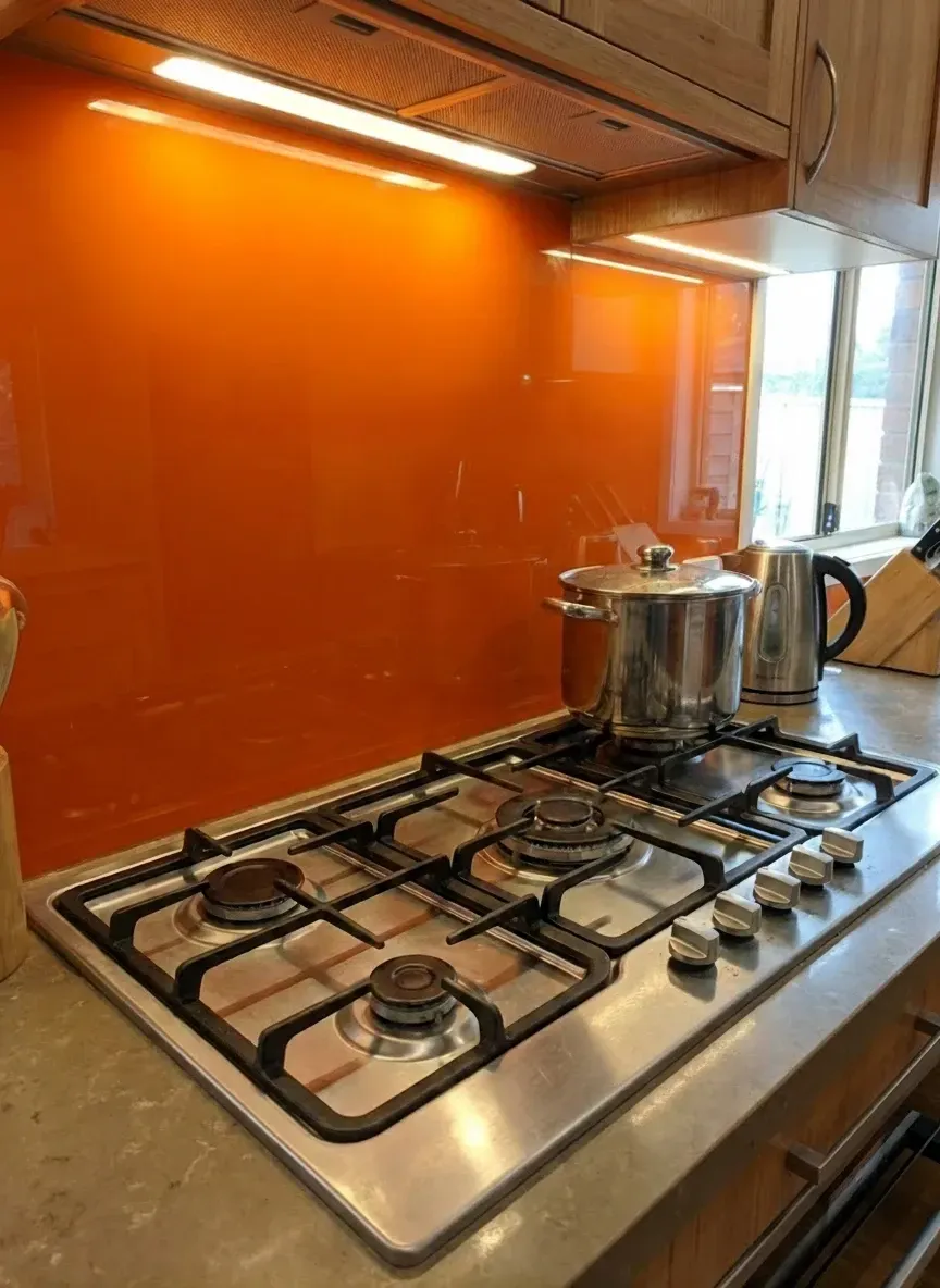 coloured glass splashback behind gas cooktop in Brisbane home kitchen